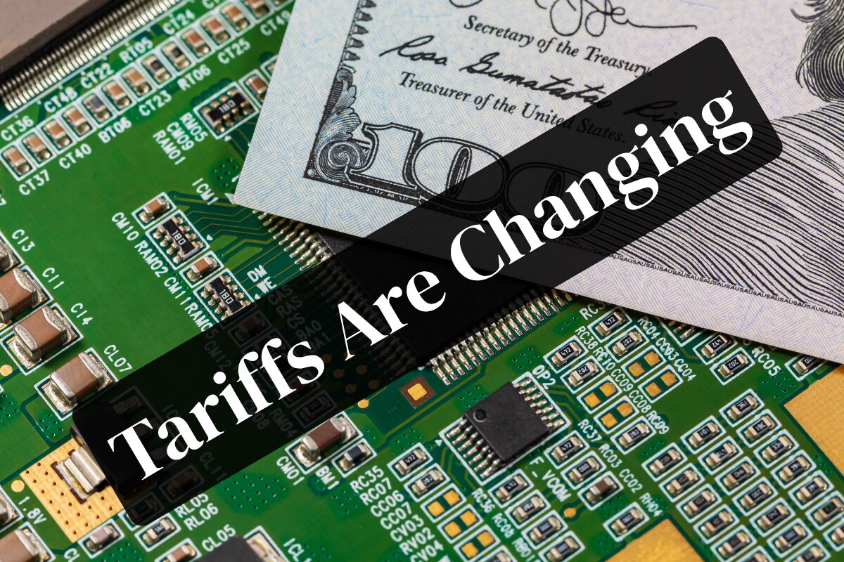 Circuit board and U.S. currency illustrating changing tariffs